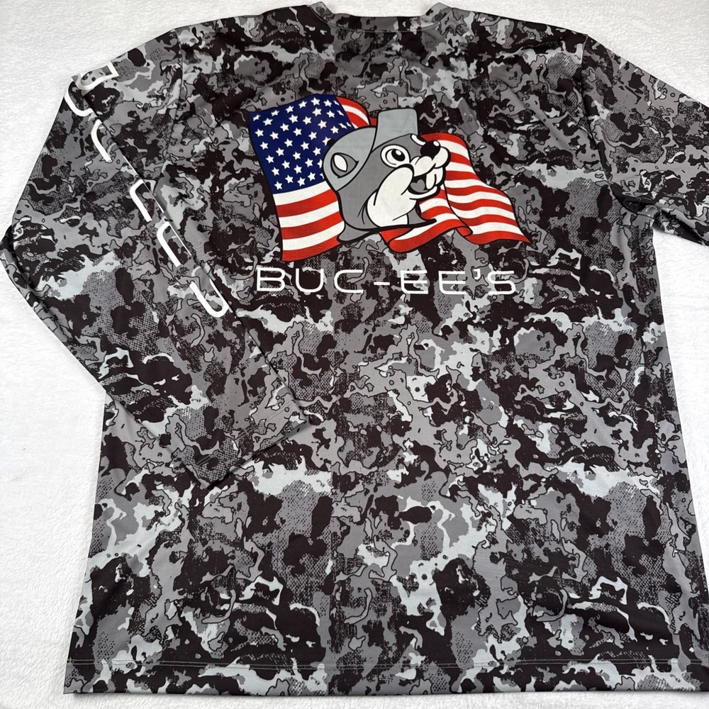 Buc-ees Long Sleeve American Flag Black Camo Dri Fit T Shirt Size XL